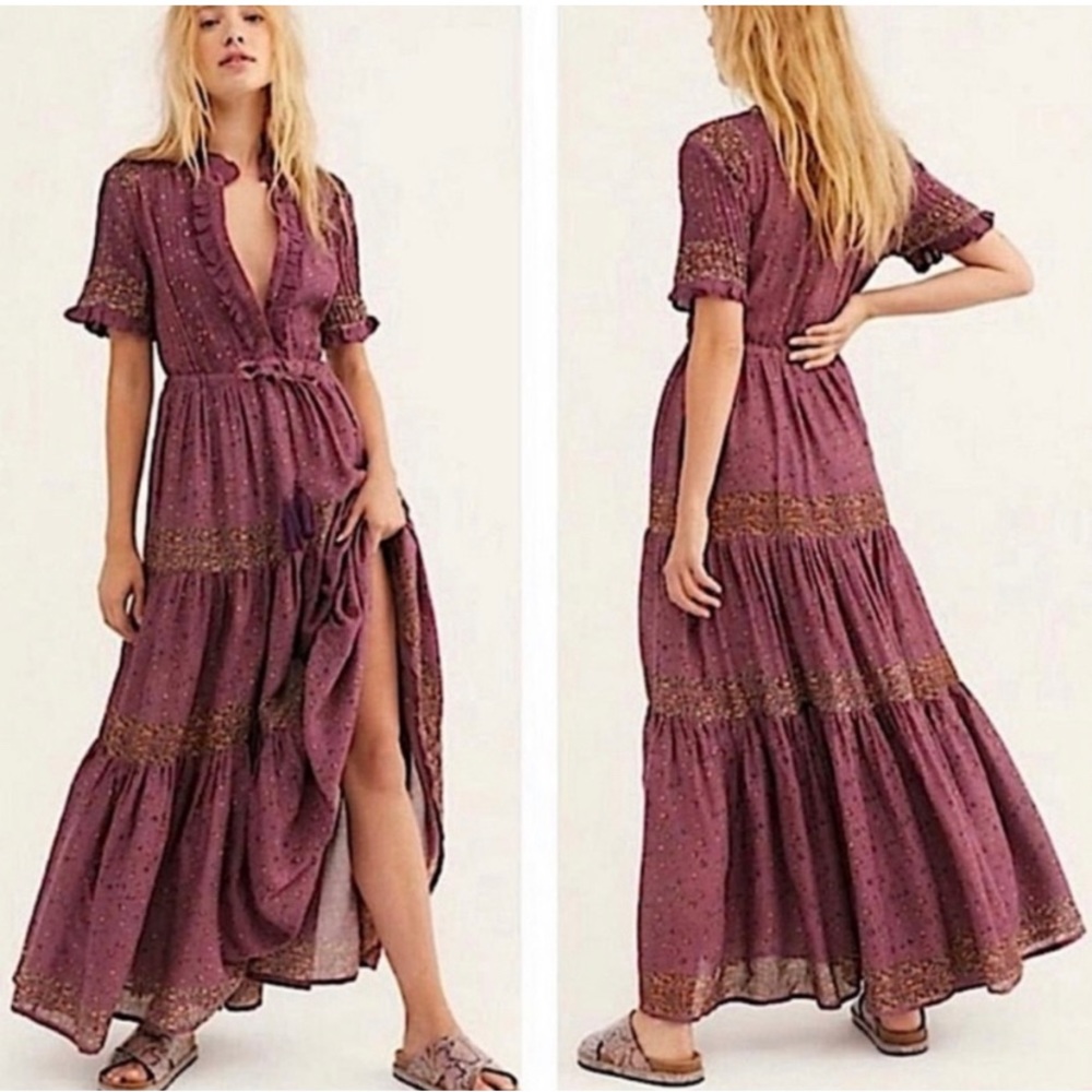 Free People Rare Feelings Bohemian Plum Maxi Dress Size Large